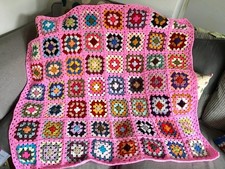 new Handmade granny square crochet blanket sofa throw lap afghan pink multi
