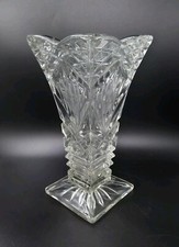 Vintage Heavy Clear Glass Vase, Crosses & Fans Design, Square Base 23cm Tall