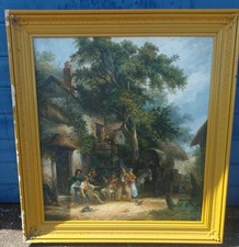19C SCENE OF HORSE DRAWN WAGON WITH GATHERING OF PEOPLE OIL ON CANVAS