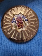 Vintage Melissa England Enamel Floral Gold Tone Compact Mirror 44#
