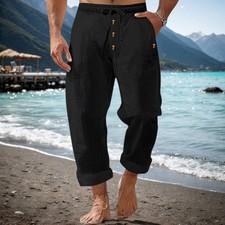 Men's Linen Casual Pants Drawstring Lightweight Summer Beach Trouser UK