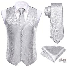 Barry Wang Mens Waistcoat Deigner Jacquard Woevn Vest Tie Set Pocket Square Coat