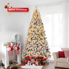 8FT Christmas Tree Bushy Snow Flock Xmas Tree 200 LED Warm Light with Control UK