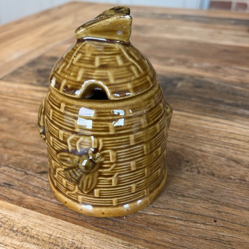 Brown china honey pot with - brown,