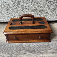 Antique Vintage Walnut Wood Desk Tidy Glass Inkwell Stand & Drawer