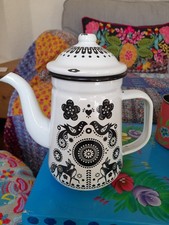 FOLKLORE ENAMEL VINTAGE COFFEE POT. FOLK ART. NINA JAREMA. BOHO KITCHEN. USED!