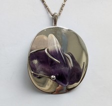 Vintage Striking 835 Swedish Silver Amethyst Pendant Necklace, Modernist, Boxed
