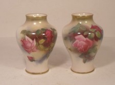 Stunning Pair Of  Royal Worcester Hand Painted Roses 4.25" Vases 2491