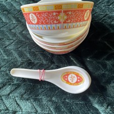 Four Plastic Chinese Soup Spoons and Bowls Set