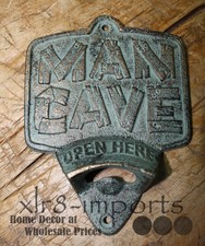 Cast Iron MAN CAVE Plaque OPEN HERE Beer Bottle Opener Rustic Wall Mount