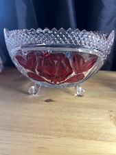Vintage Cut Crystal Glass red ruby floral Fruit Dessert Serving Bowl