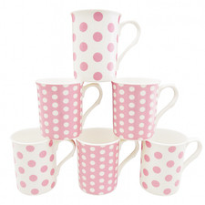 6 Pink Spotty Mugs Fine Bone China Polka Dots Pink & White Coffee Tea Mugs Set