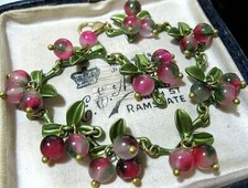 Vintage Style Art Deco Stone BEAD Ruby Pink Berries Blossom Enamel 8" BRACELET
