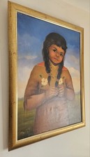 Oil Painting 20th-century Native American Indian Girl on Canvas (NEW FRAME)