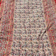 Hand Printed Indian Fabric 215x170cm Bird Pattern Block Beige Blue & Red Craft