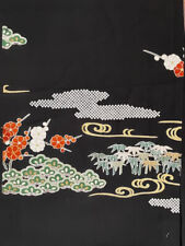 Japanese vintage kimono silk fabric, plum blossom and bamboo garden, 33 x 120cm