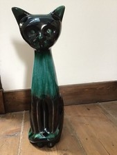 Vintage Canadian Blue Mountain Pottery Cat Figurine Green Teal Drip Glaze 36cm