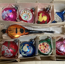 Vintage 1930s Mercury Glass Christmas Baubles, Mandolin, Indent, Lantern, Boxed
