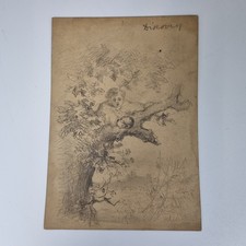 Antique 19thC Pencil Drawing Sketch Child In A Tree "Discovery"
