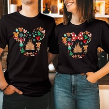 Disney Christmas Gingerbread T-Shirt Mickey Minnie Castle Family Gift Top T-5382
