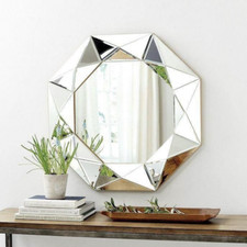 Silver Diamond Wall Mirror Round Hanging Geometric Unique Home Decor Living Room