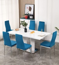 Dining Table Set White High Gloss 6 Seater Rectangular and 6 Velvet Chairs Home