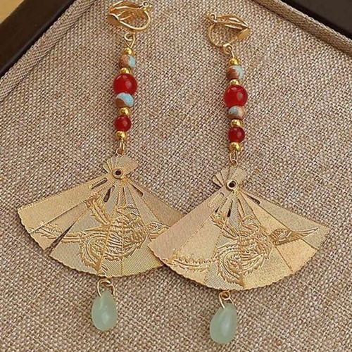 Gold fan style earrings - gold,