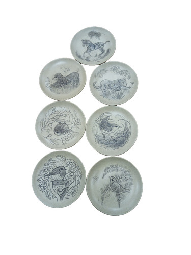 Poole pottery side plates - side, grey