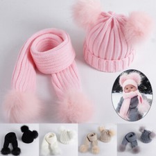 Toddler Knitted Beanie Cap Scarf Set Kids Baby Boy Girl Winter Pom Bobble Hat!