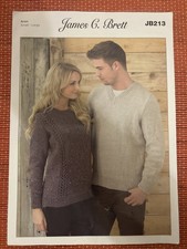 MENS WOMENS ARAN CABLE CREW V NECK JUMPER 35”-44” VTG KNITTING PATTERN 213