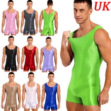 UK Men Glossy Stretchy Tank Leotard Jumpsuit Bodysuit Mankini Exercise Swimming