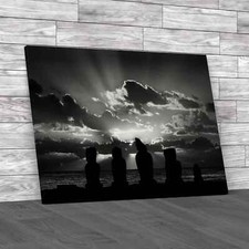 Statues At Sunset In Easter Island Black White Canvas Print Large Picture Wall