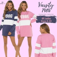 Ladies Womens Long Length Varsity Sweater Warm Cosy 1986 Casual Soft Lounge Top