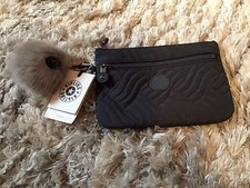 Super New Kipling Ness Pouch Bag Grey Night Quilt Fluffy Monkey Kiara 2 Pockets