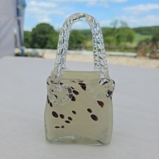 Vtg Murano Light Yellow Dark Red Flecks Clear Art Glass Bag Handbag Posy Vase 