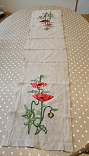 hand embroidered Red Poppies linen rectangular table runner
