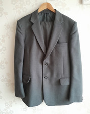 2 Piece Suit 100% Wool Made In UK Grey Pin Stripe 42S Vintage Crest Tailored