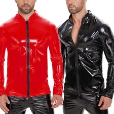 Men Shiny Latex Tops Wetlook PVC Leather Long Sleeve T-shirts Zipper Jacket Tees