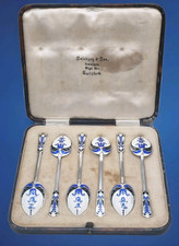 Sterling Silver & Blue Guilloche Enamel Spoons Set by Turner & Simpson Ltd 1933