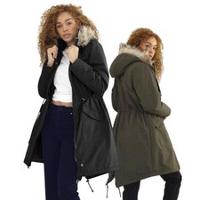 Ladies Brave Soul Charlotte Fishtail Parka Long Coat with Faux Fur Trimmed Hood