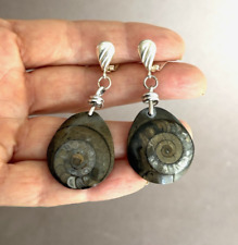 VINTAGE STERLING SILVER AMMONITE FOSSIL DANGLE DROP CLIP EARRINGS boho Vincenza
