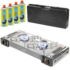 Portable Butane Double Twin Dual Burner Camping BBQ Gas Stove Cooker + 4 Refills