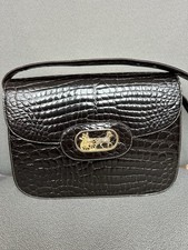 Vintage Dark Brown Box Shoulder Handbag Croc Pattern Leather Gold Hardware