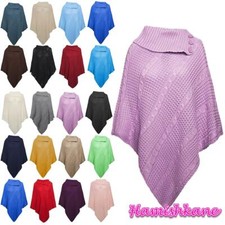 Cable Knitted Poncho Womens 3 Button Wrap Shawl Warm Cape Ladies Winter Cardigan