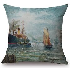 Cushion Cover Canvas Fabric Navy Painting Bernard Hemy Sailing ship and steamers