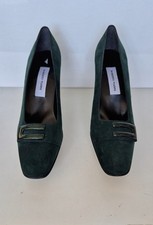Roberto Vianni Dark Green Suede Square Toe Court Mid Block Heel Shoes Size 41