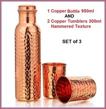 100% Copper Hammered Water Bottle 950ml & 2 Glasses 300 ml Ayurvedic Health NEW