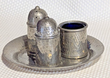 Vintage My Lady Pewter Condiment Table Set Salt Pepper Mustard & Tray Hammered 
