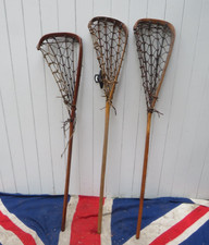 3 ANTIQUE VINTAGE ENGLISH WOODEN LACROSSE STICKS WALL PROP DISPLAY SPORTING