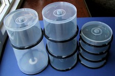 9 DVD/CD empty spindle "cakebox" storage boxes. 100, 50, 25 & 10 disk capacities